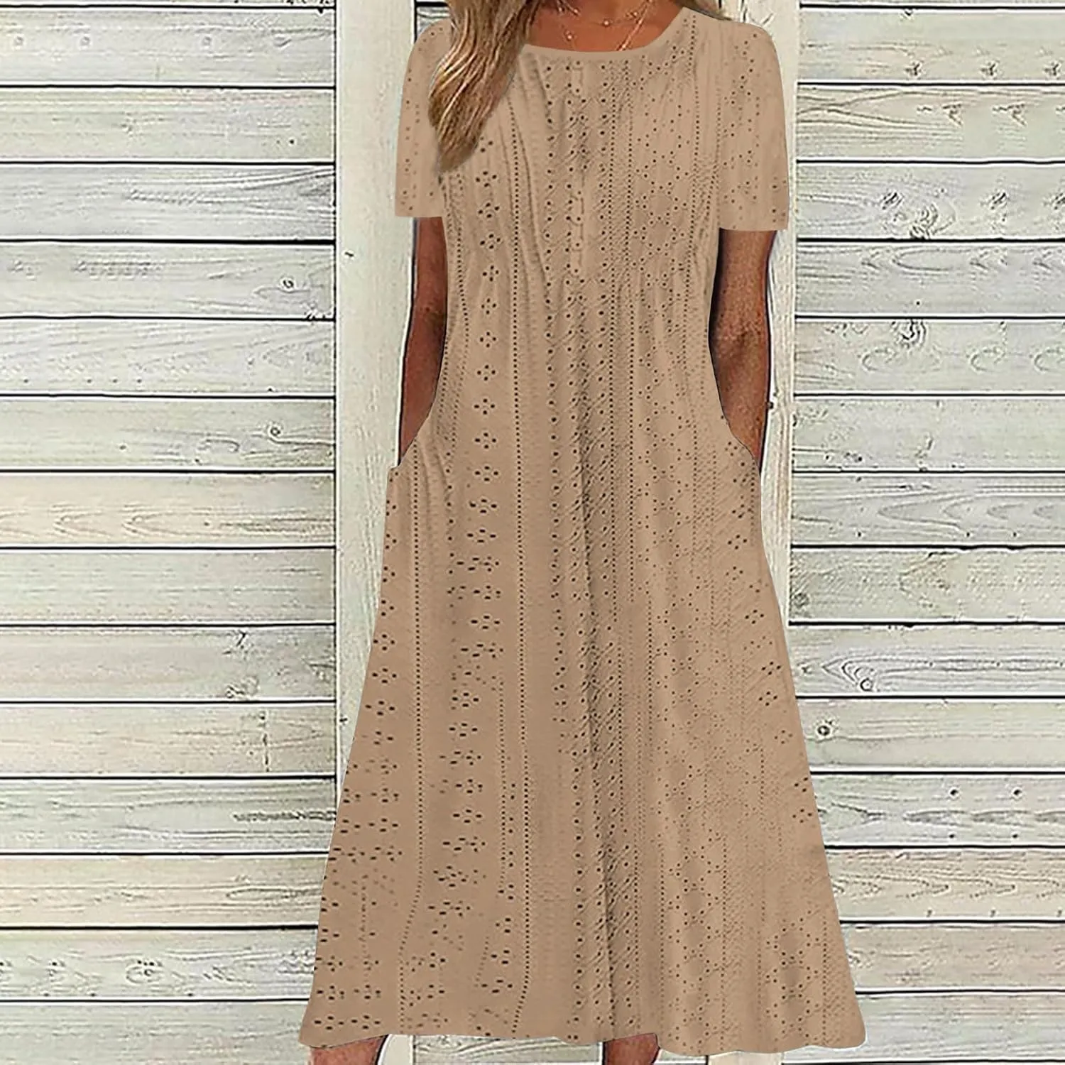 Beach Dresses for Women Fashion Hollow Out Short Sleeve Maxi Sundress Ruffle Hem Crew Neck Casual Summer Dress