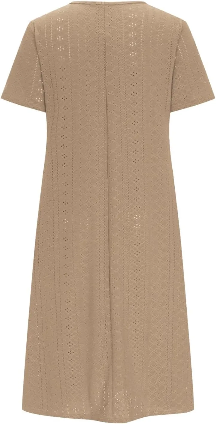 Beach Dresses for Women Fashion Hollow Out Short Sleeve Maxi Sundress Ruffle Hem Crew Neck Casual Summer Dress