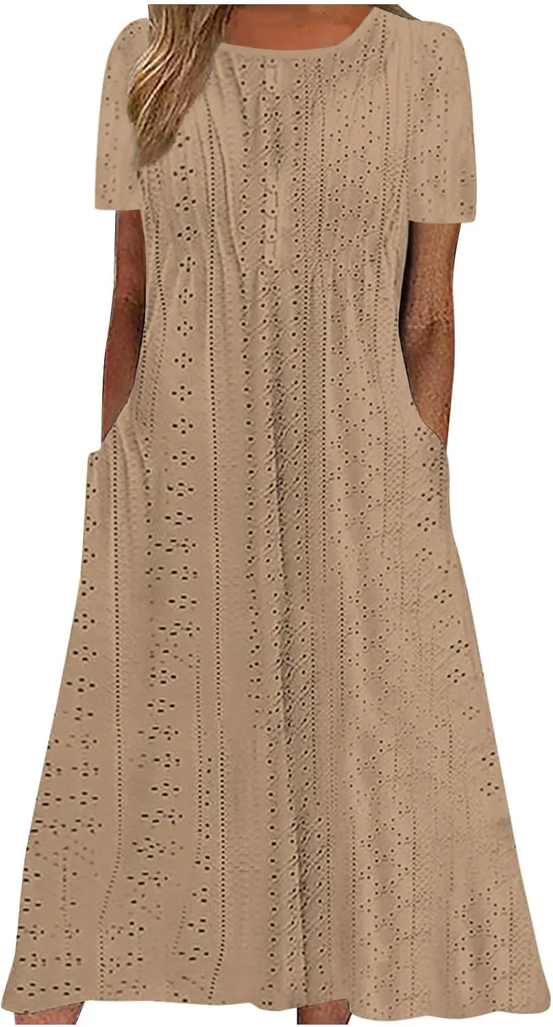 Beach Dresses for Women Fashion Hollow Out Short Sleeve Maxi Sundress Ruffle Hem Crew Neck Casual Summer Dress