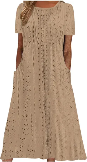 Beach Dresses for Women Fashion Hollow Out Short Sleeve Maxi Sundress Ruffle Hem Crew Neck Casual Summer Dress