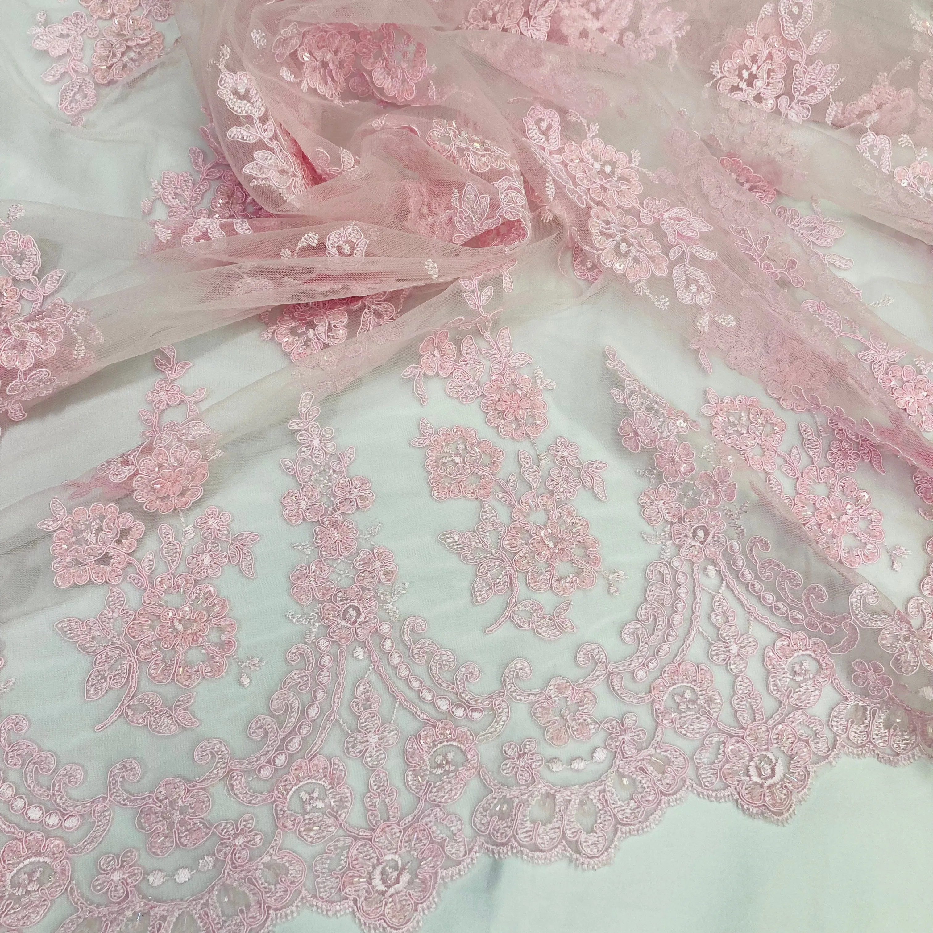 Beaded & Corded Lace Fabric Embroidered on 100% Polyester Net Mesh | Lace USA - 96784W-BP