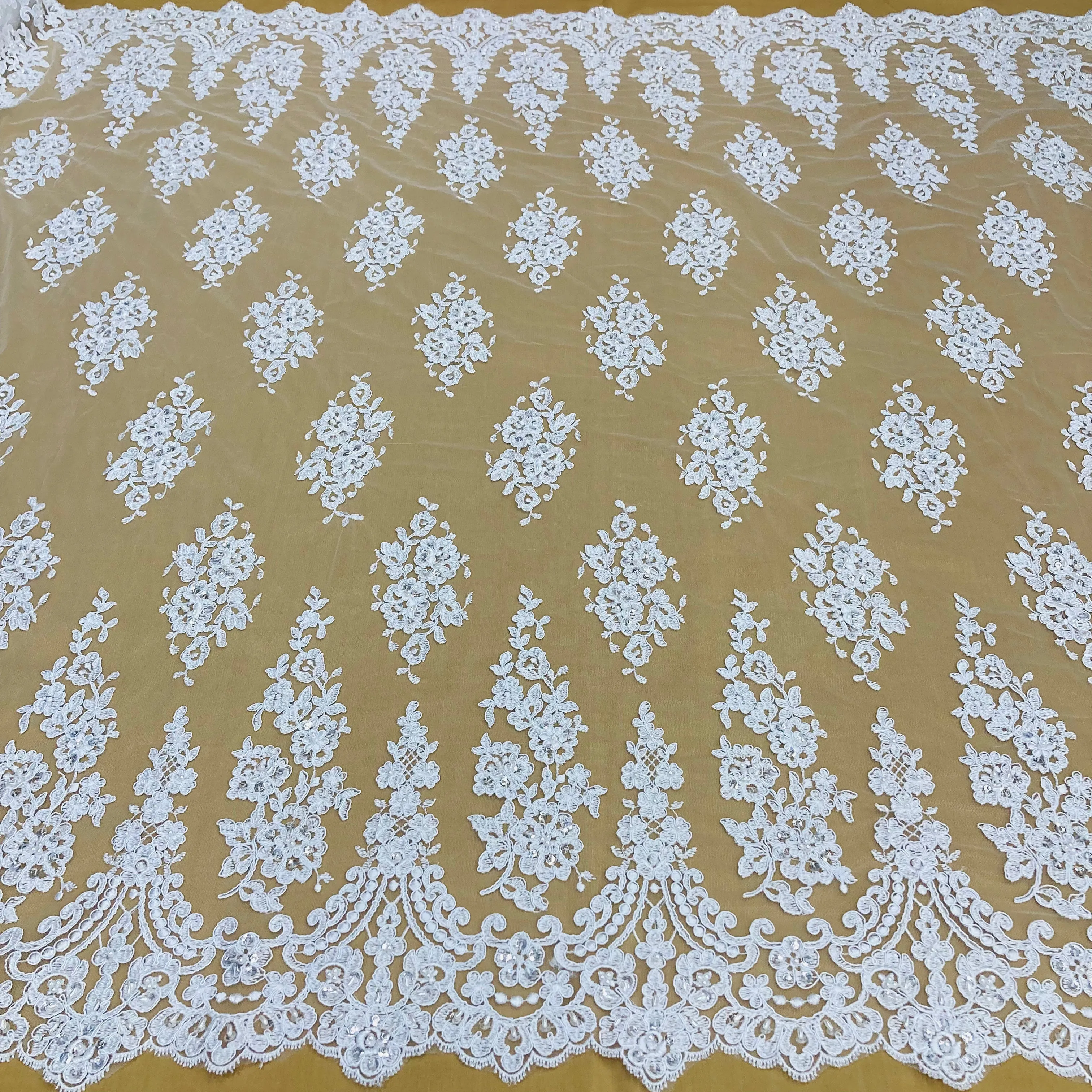 Beaded & Corded Lace Fabric Embroidered on 100% Polyester Net Mesh | Lace USA - 96784W-BP
