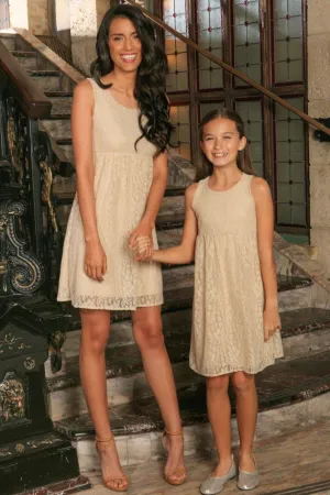 Beige Stretchy Lace Empire Waist Sleeveless Stylish Mommy and Me Dress