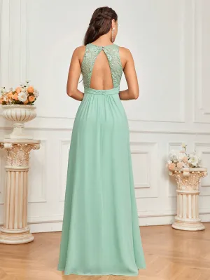 Belle Elegant And Romantic Grass Green Lace Stitching And Elegant Chiffon A-Hem Skirt With High Slit And A-Line Holiday Bridesmaid Dress (Adult)