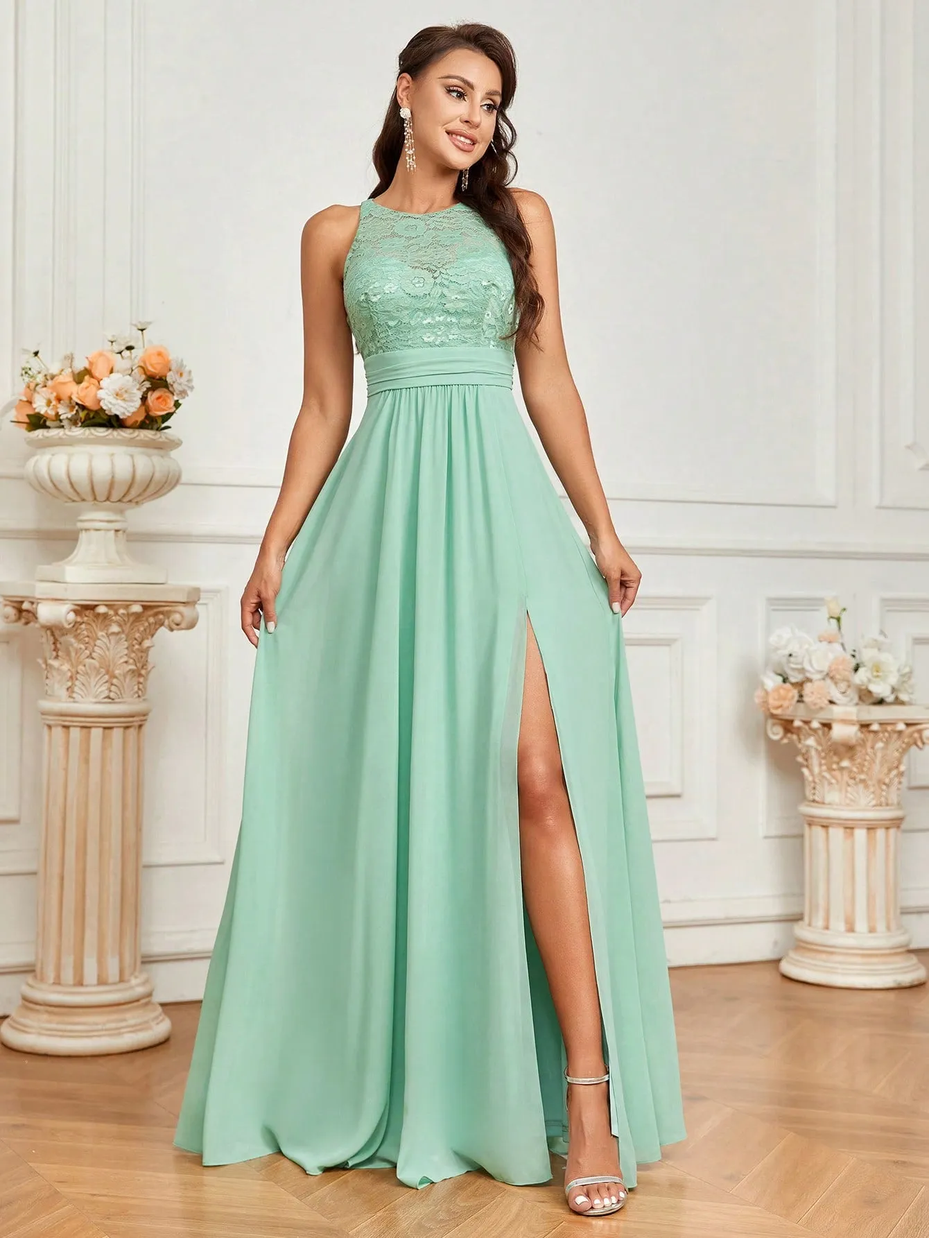 Belle Elegant And Romantic Grass Green Lace Stitching And Elegant Chiffon A-Hem Skirt With High Slit And A-Line Holiday Bridesmaid Dress (Adult)