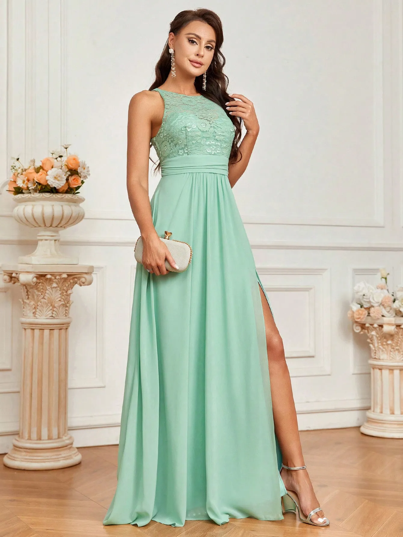 Belle Elegant And Romantic Grass Green Lace Stitching And Elegant Chiffon A-Hem Skirt With High Slit And A-Line Holiday Bridesmaid Dress (Adult)