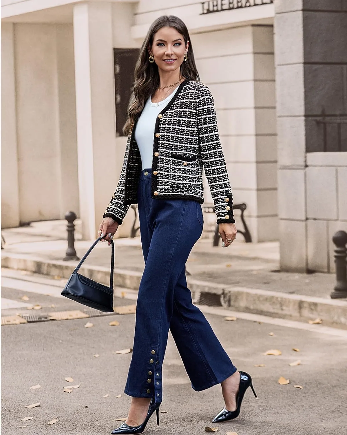 Belle Poque Women Cardigan Sweaters Tweed Pattern Jacket V Neck Sweater Blazer with Button for Fall Winter Spring