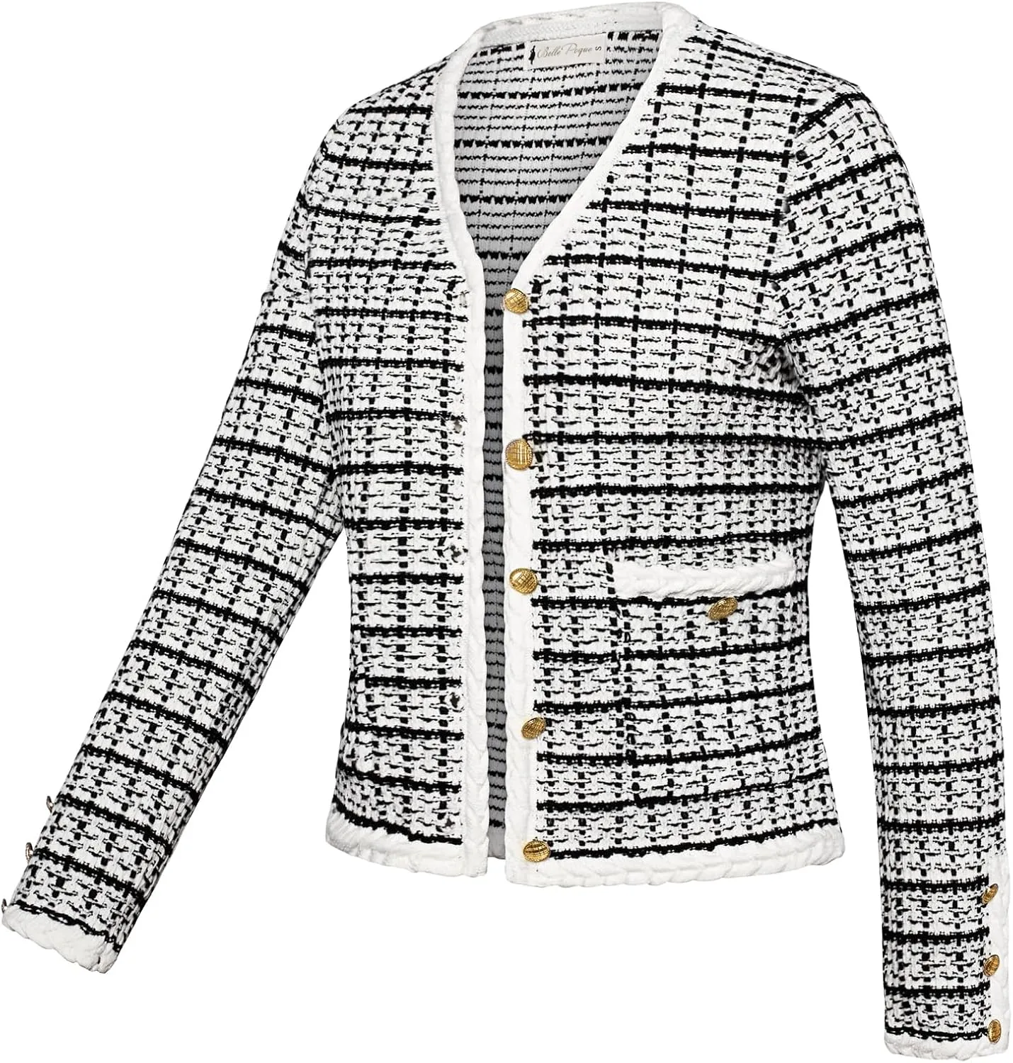 Belle Poque Women Cardigan Sweaters Tweed Pattern Jacket V Neck Sweater Blazer with Button for Fall Winter Spring