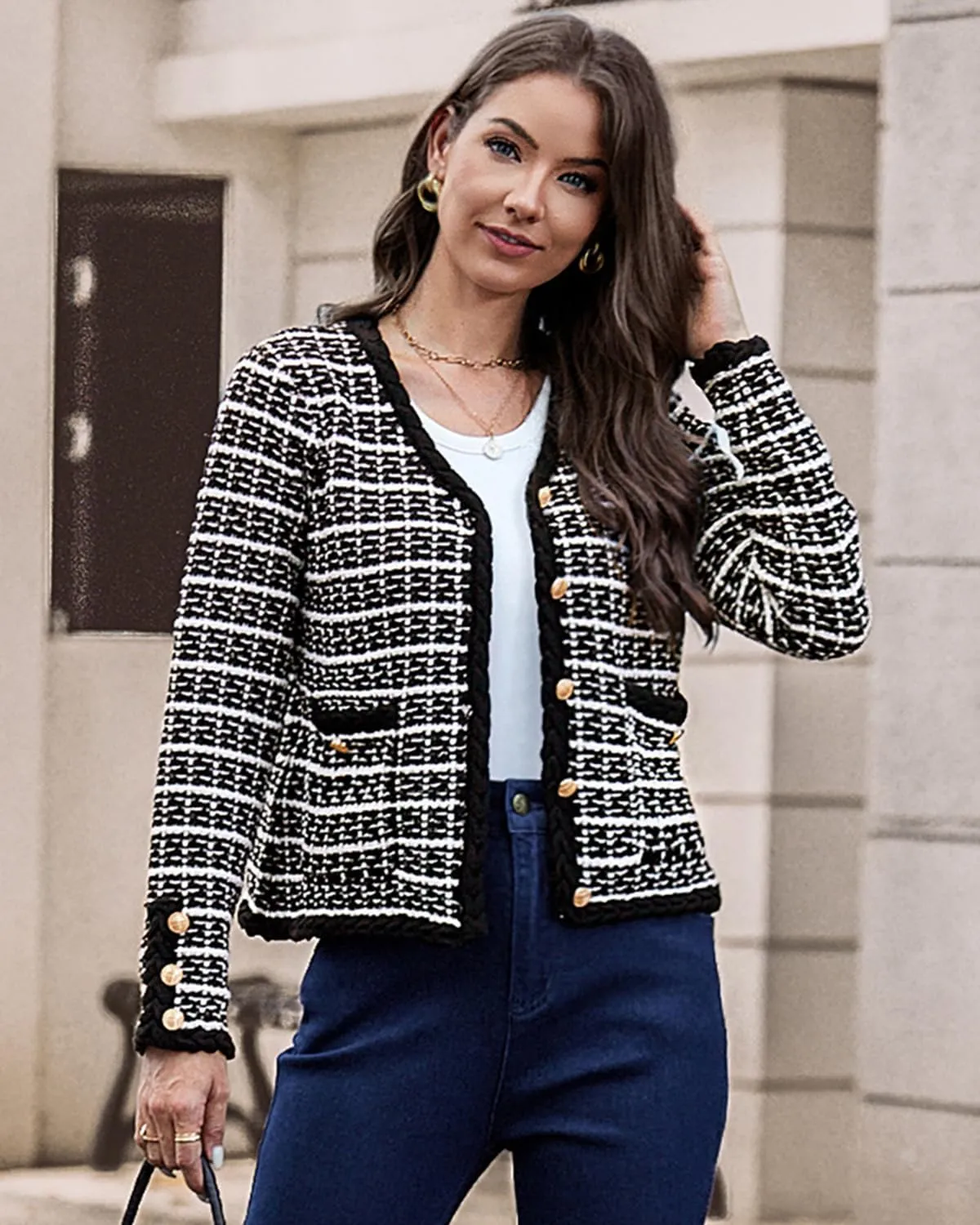 Belle Poque Women Cardigan Sweaters Tweed Pattern Jacket V Neck Sweater Blazer with Button for Fall Winter Spring