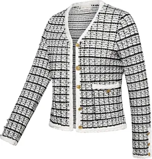 Belle Poque Women Cardigan Sweaters Tweed Pattern Jacket V Neck Sweater Blazer with Button for Fall Winter Spring