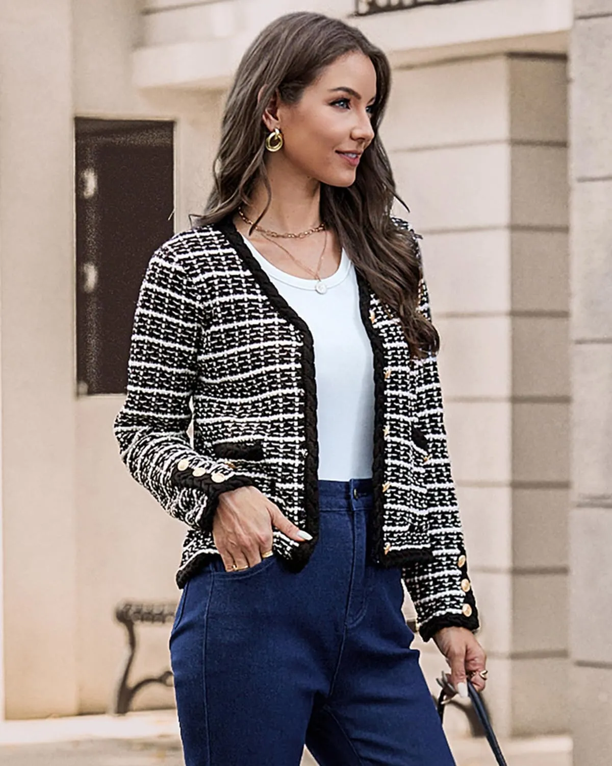 Belle Poque Women Cardigan Sweaters Tweed Pattern Jacket V Neck Sweater Blazer with Button for Fall Winter Spring