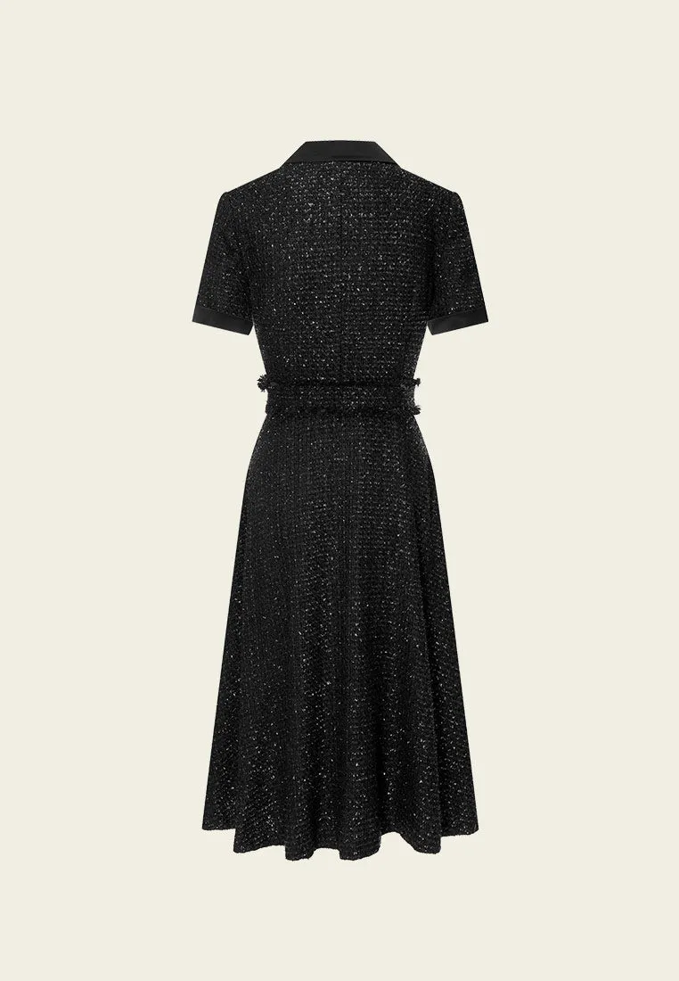 Belt-detail Black Tweed Lapel Dress