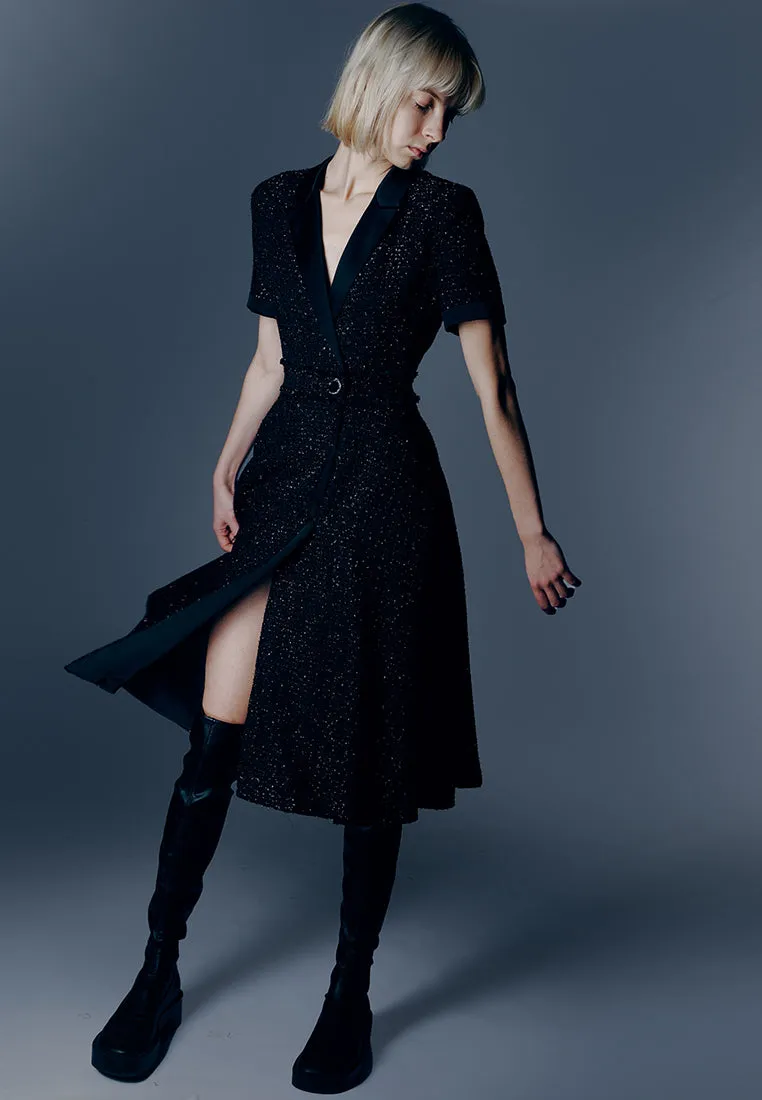 Belt-detail Black Tweed Lapel Dress
