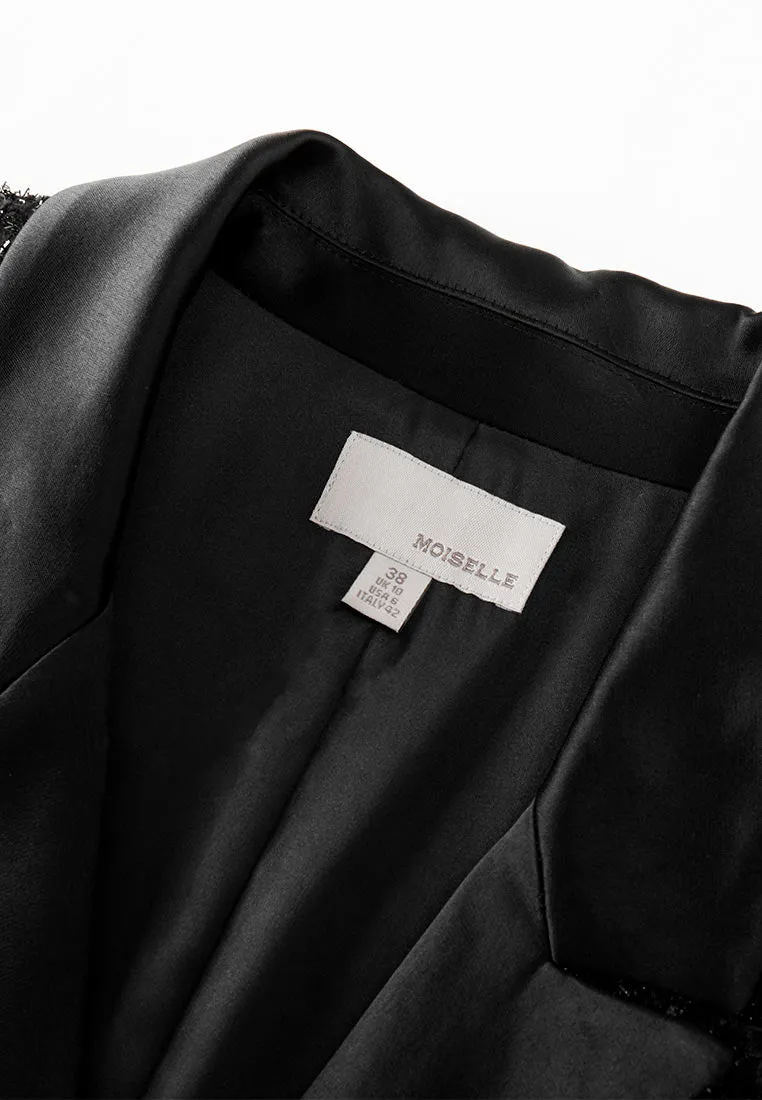 Belt-detail Black Tweed Lapel Dress