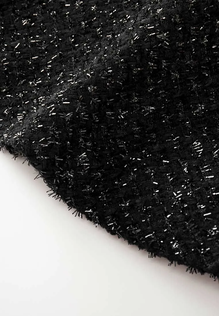 Belt-detail Black Tweed Lapel Dress