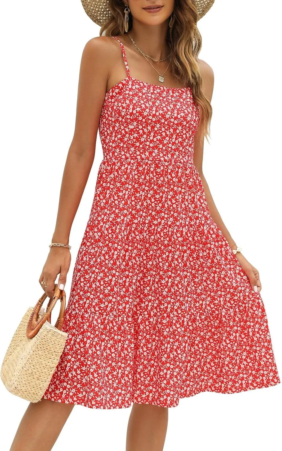Berydress Womens Summer Dresses Spaghetti Strap Tiered Midi Dress Wedding Guest Ruffle Cotton Black Casual Beach Sun Dress