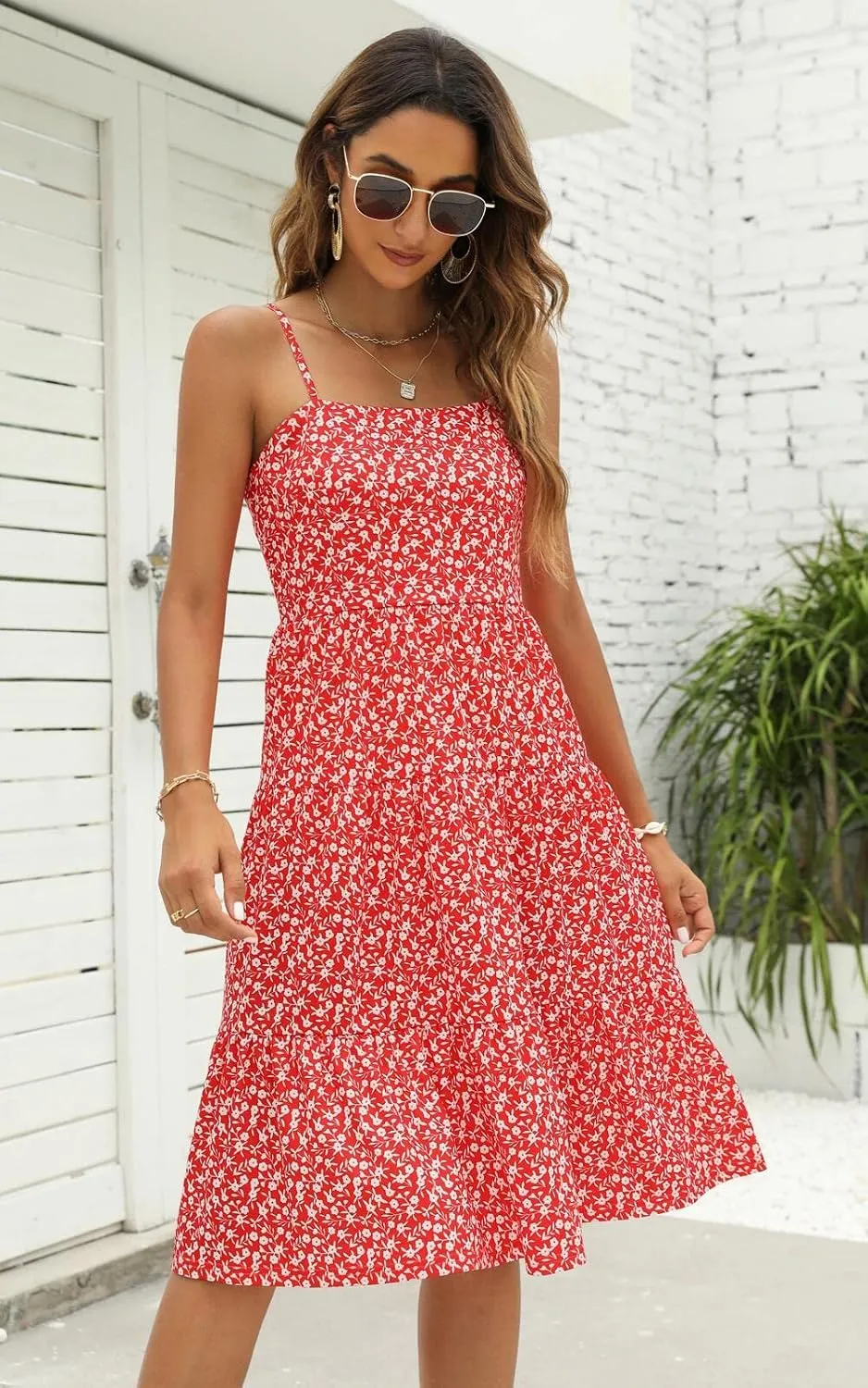 Berydress Womens Summer Dresses Spaghetti Strap Tiered Midi Dress Wedding Guest Ruffle Cotton Black Casual Beach Sun Dress
