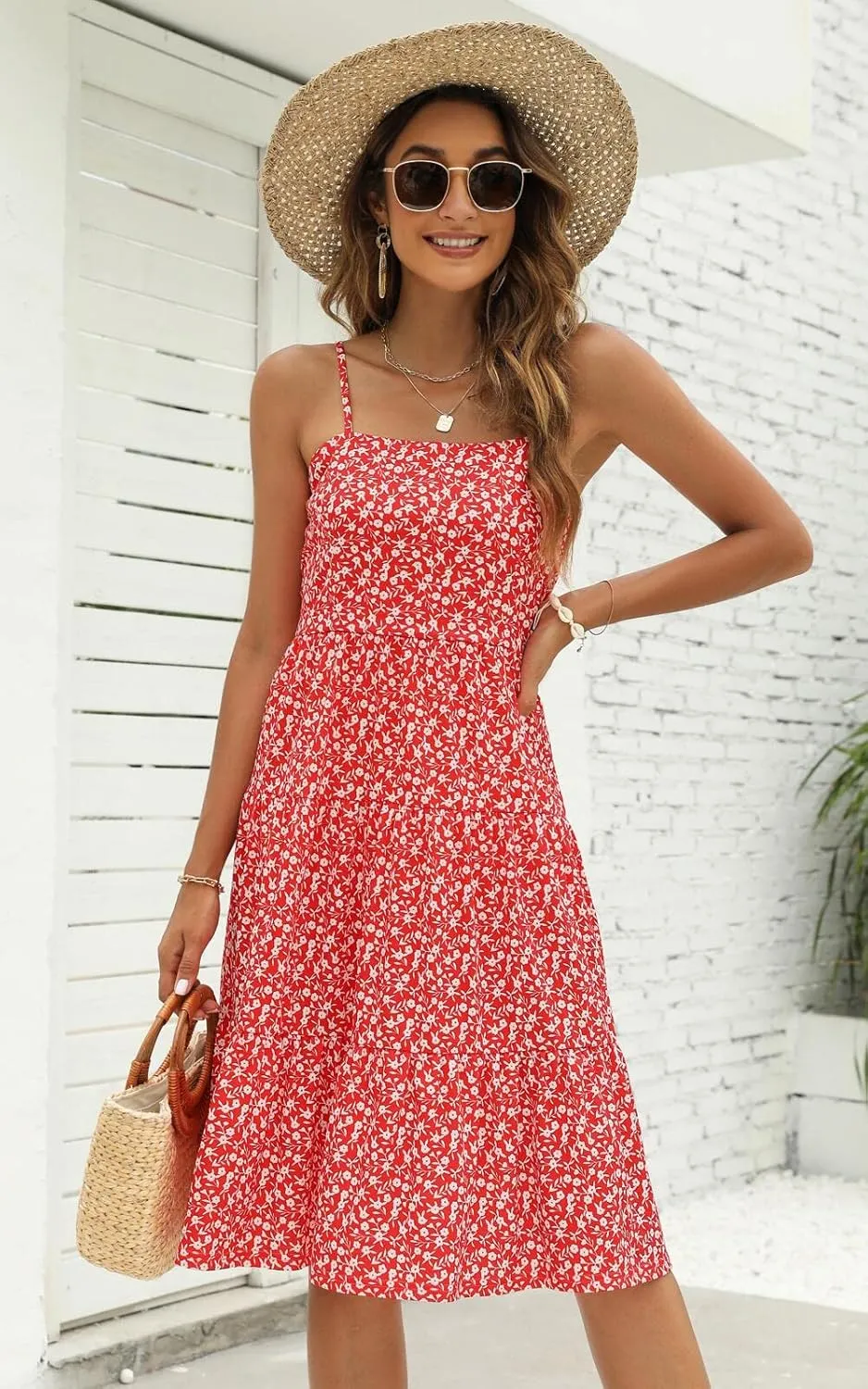 Berydress Womens Summer Dresses Spaghetti Strap Tiered Midi Dress Wedding Guest Ruffle Cotton Black Casual Beach Sun Dress