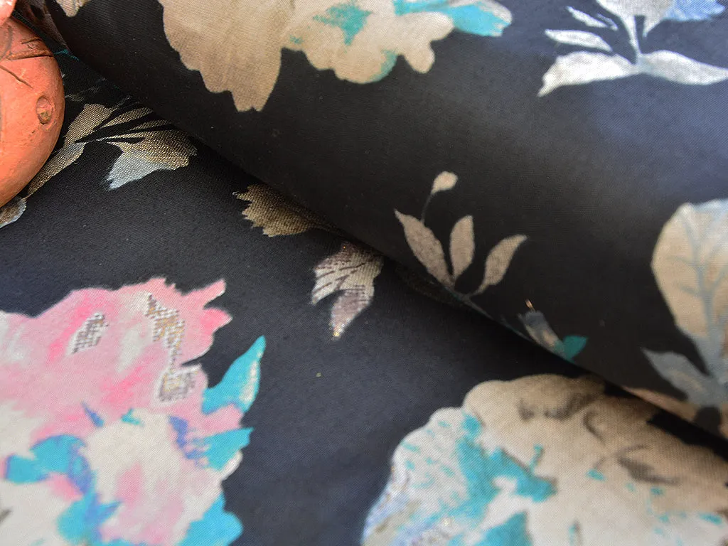 Black & Gray Floral Modal Premium Chanderi Silk Fabric