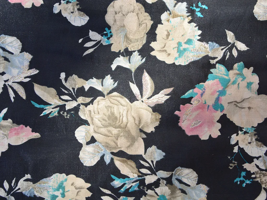 Black & Gray Floral Modal Premium Chanderi Silk Fabric