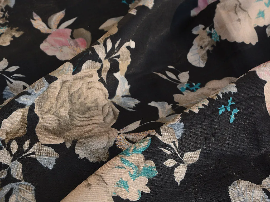 Black & Gray Floral Modal Premium Chanderi Silk Fabric