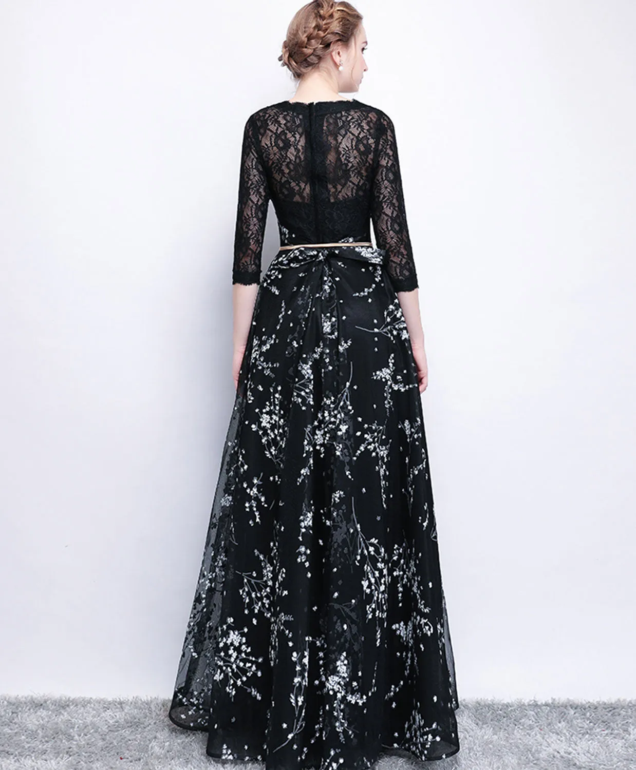 Black Lace Long Prom Dress, Long Sleeve Evening Party Dress