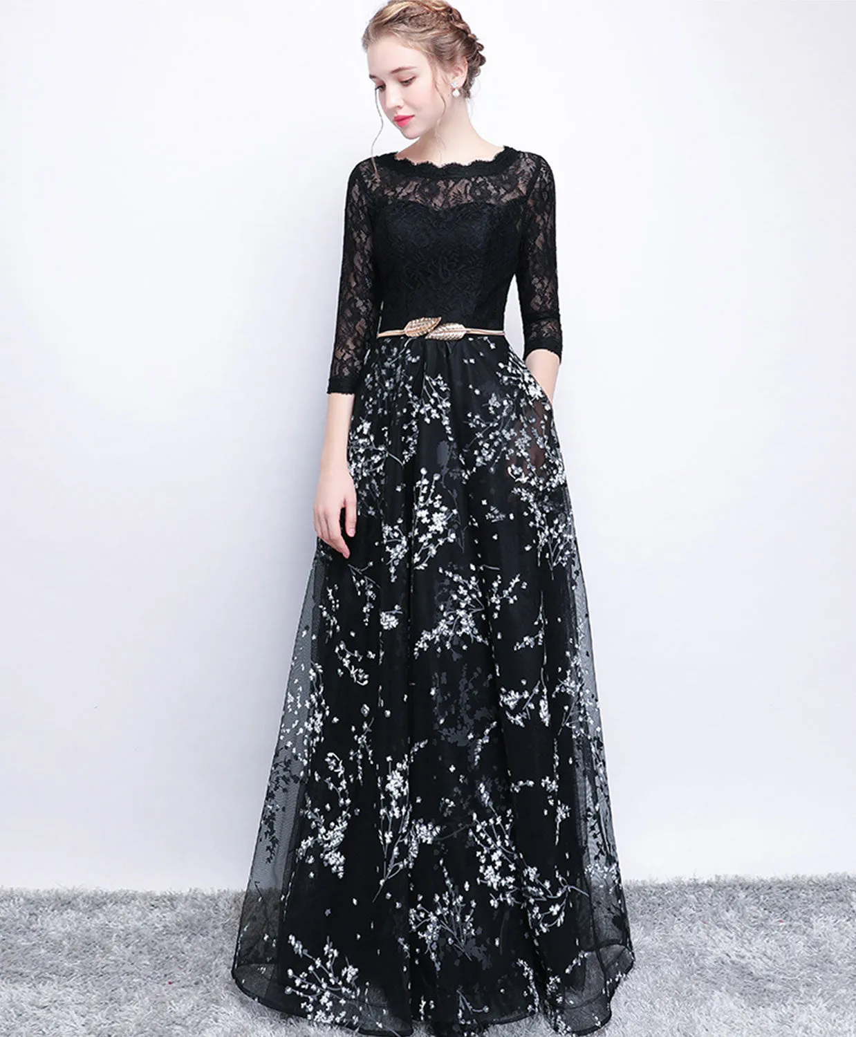 Black Lace Long Prom Dress, Long Sleeve Evening Party Dress