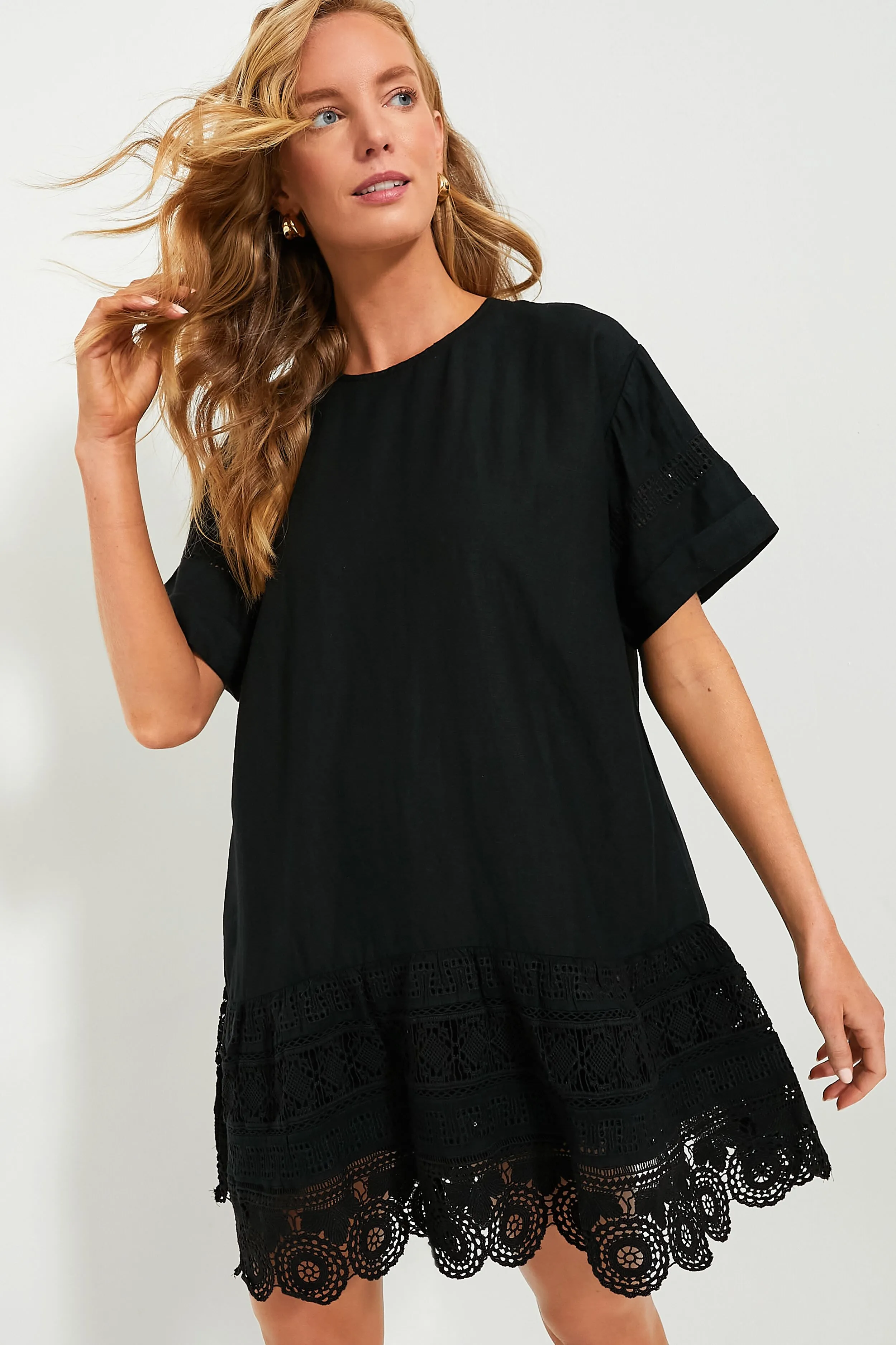 Black Rosina Embroidery Short Sleeve Tunic Dress