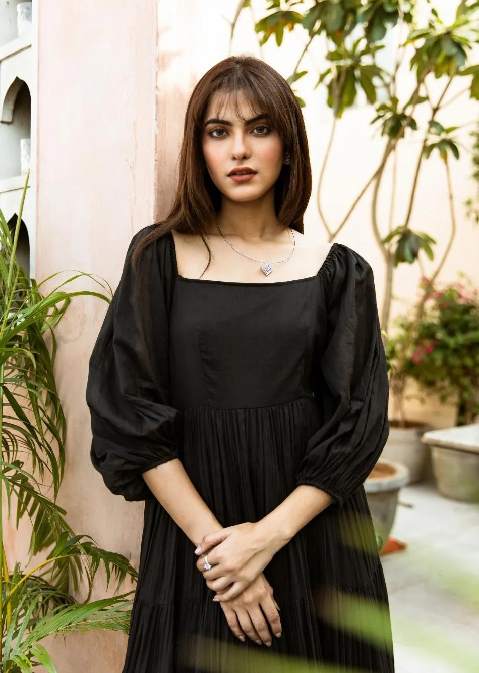 Black Solid Mulmul Square Neck Tiered Midi Dress