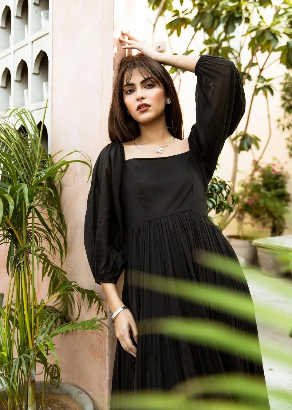 Black Solid Mulmul Square Neck Tiered Midi Dress