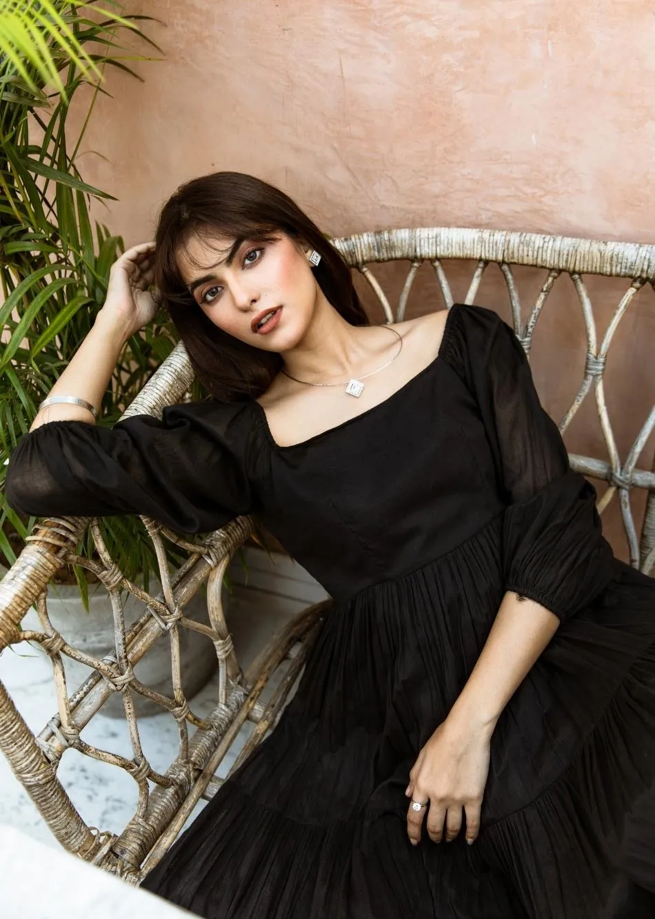 Black Solid Mulmul Square Neck Tiered Midi Dress