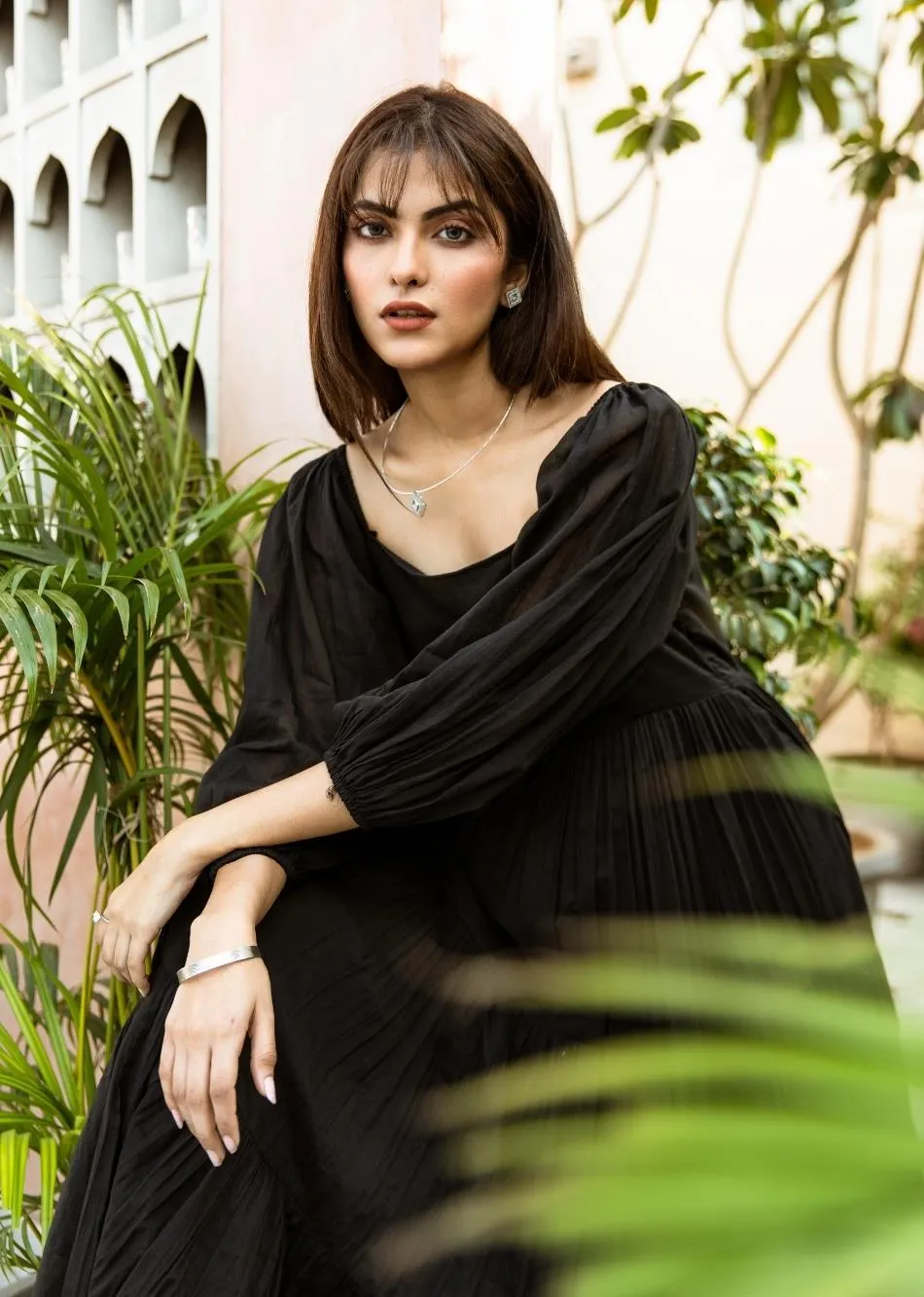 Black Solid Mulmul Square Neck Tiered Midi Dress