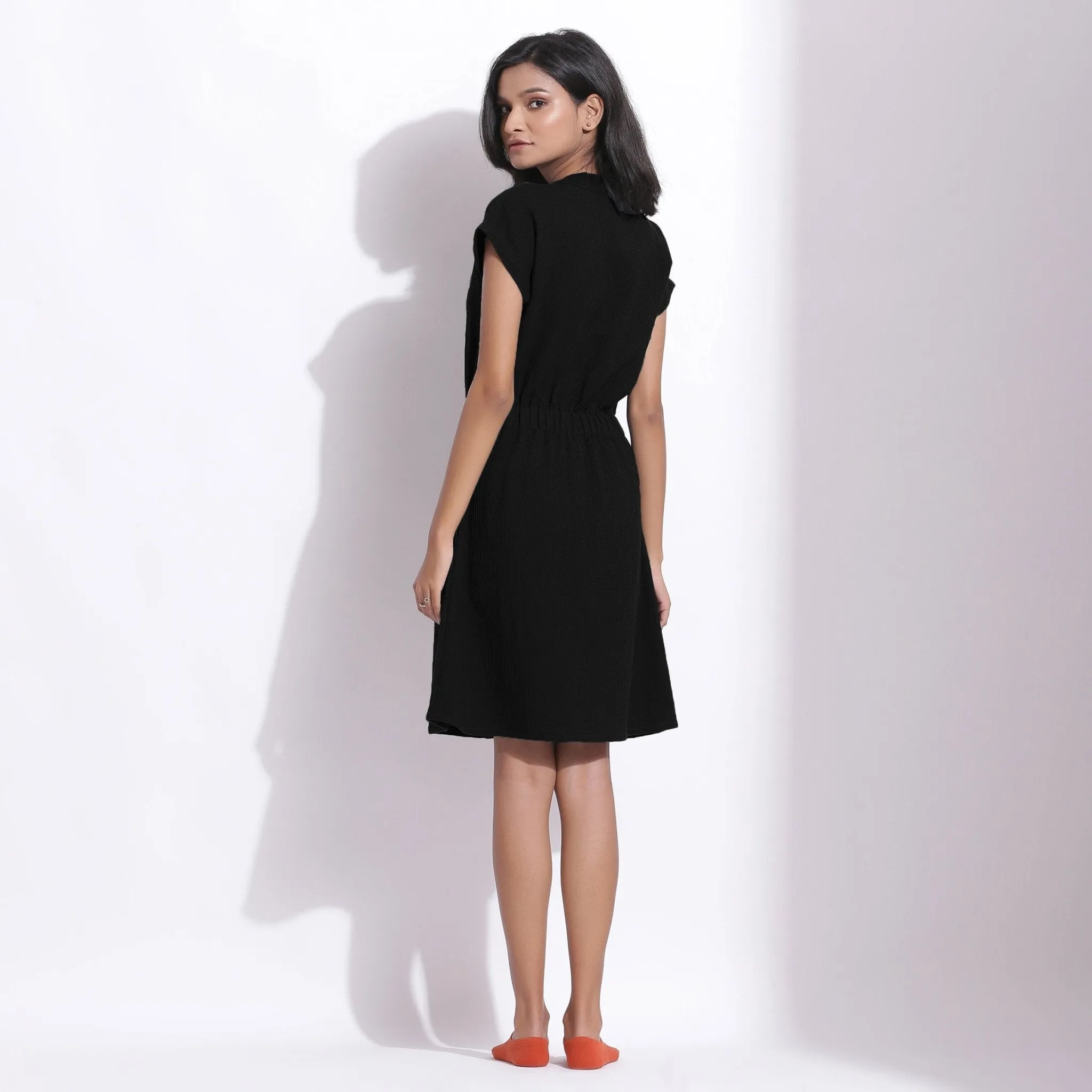 Black Warm Cotton Waffle Knee Length Button-Down Dress