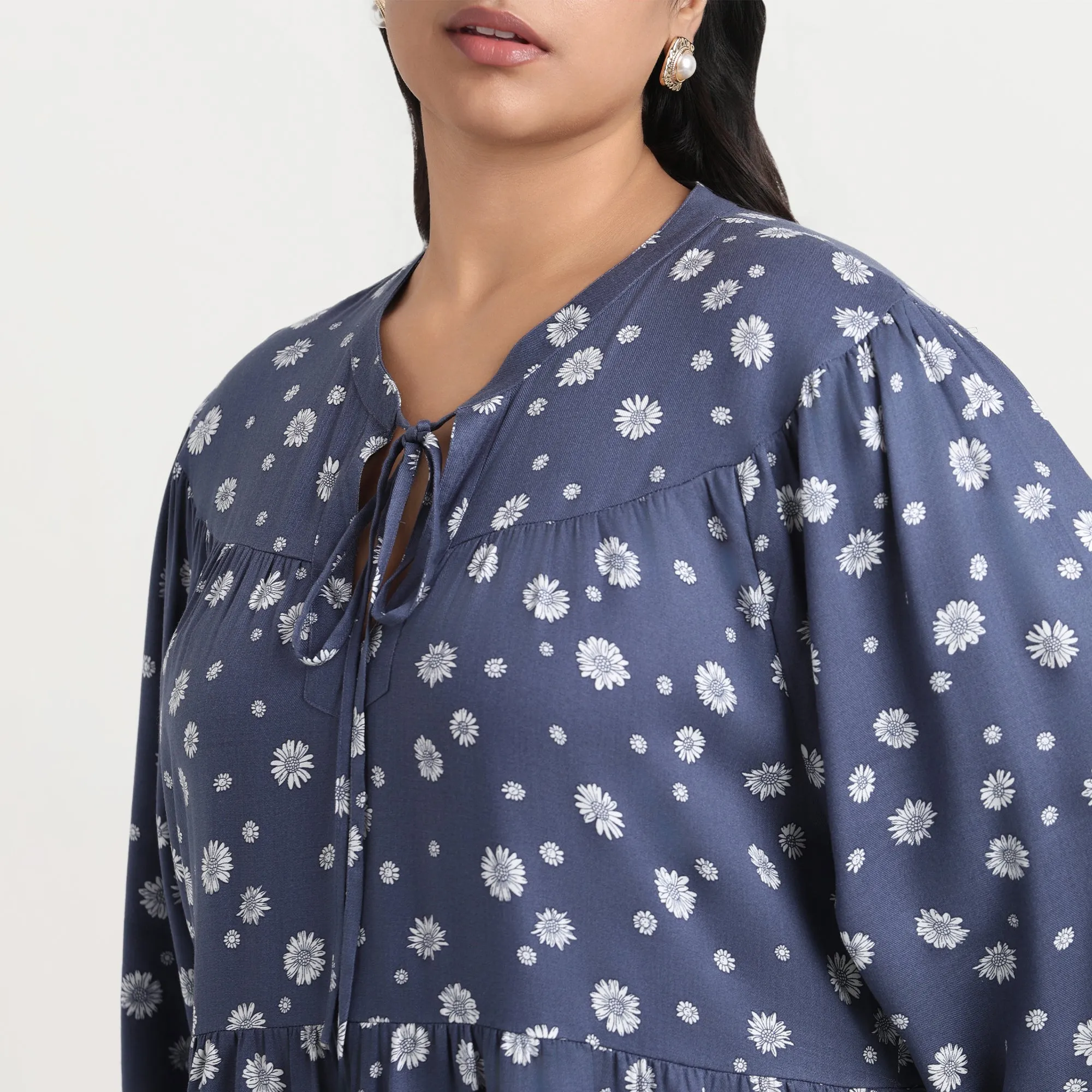 Blue Daisy Print Plus Size Tiered Dress