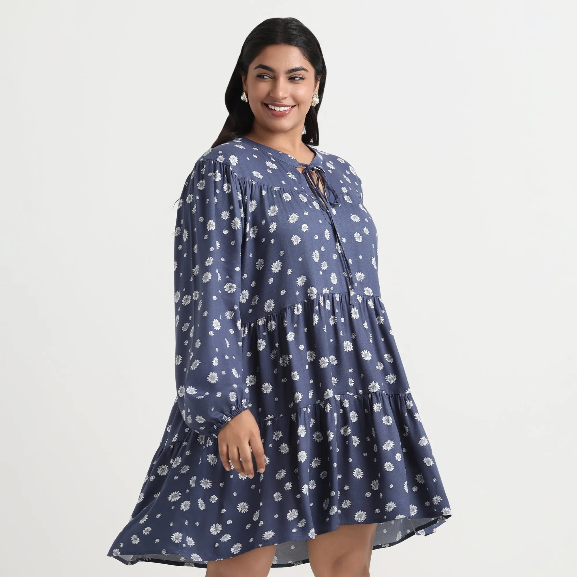Blue Daisy Print Plus Size Tiered Dress