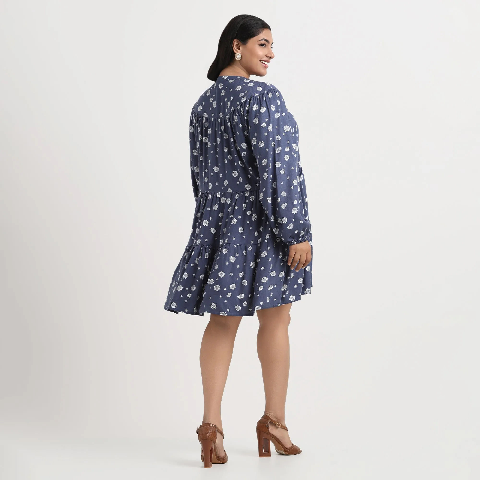 Blue Daisy Print Plus Size Tiered Dress