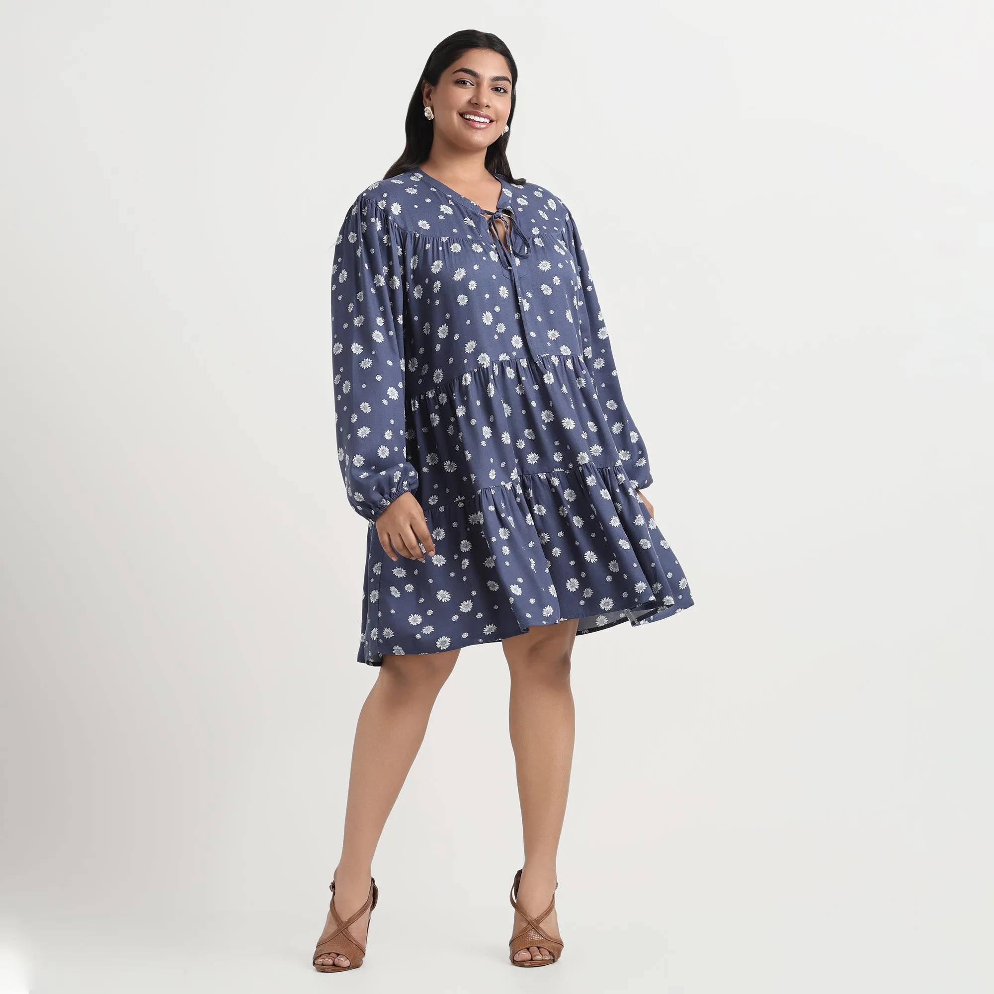 Blue Daisy Print Plus Size Tiered Dress
