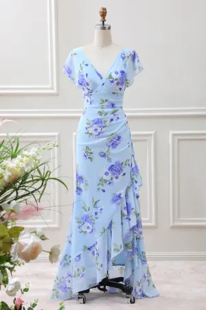 Blue Floral A Line Ruffles Asymmetrical Maxi Dress