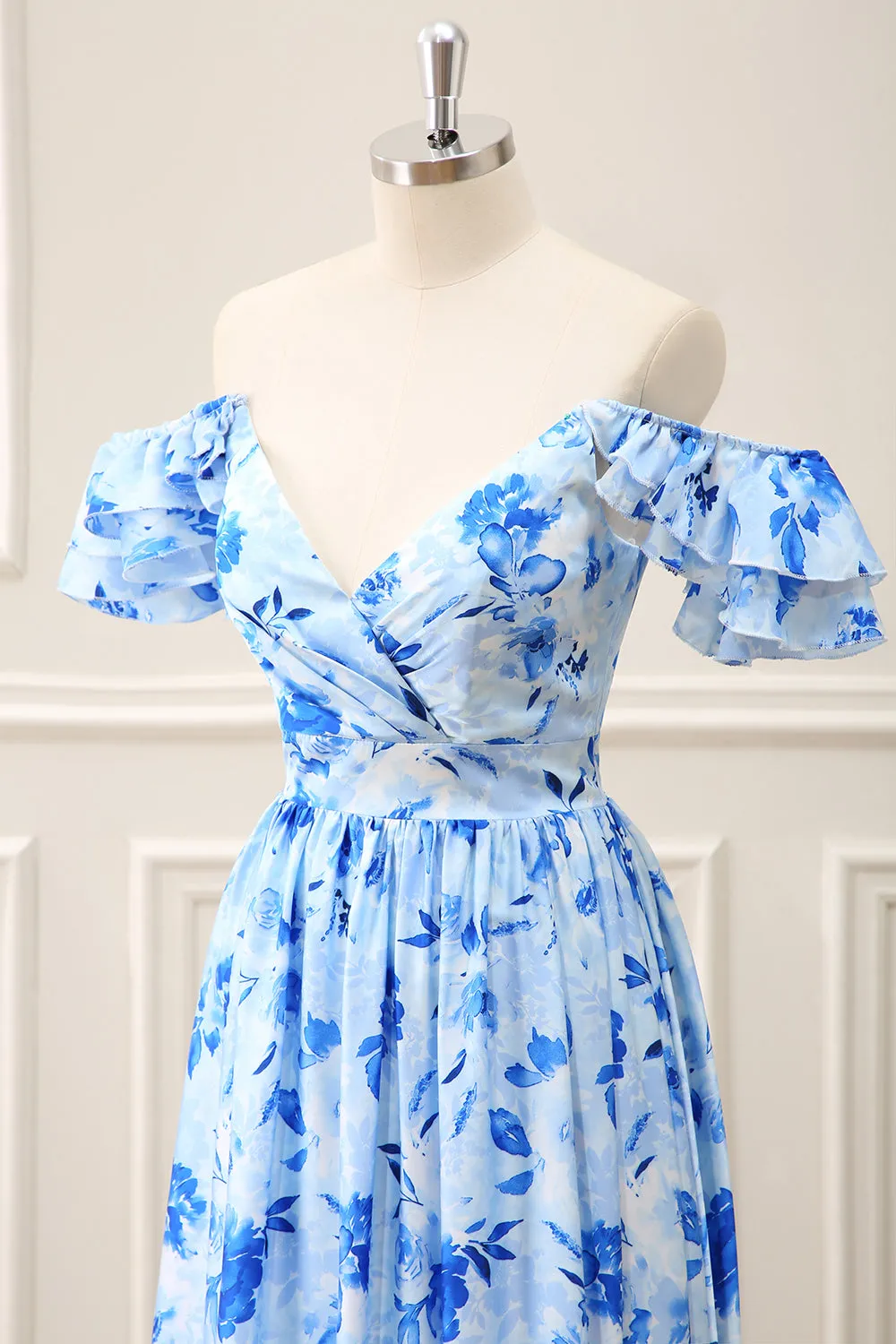 Blue Floral Off the Shoulder Ruffled A Line Maxi Dress