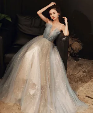 Blue V Neck Tulle Long Prom Dress, Blue Tulle Formal Dress with Sequin