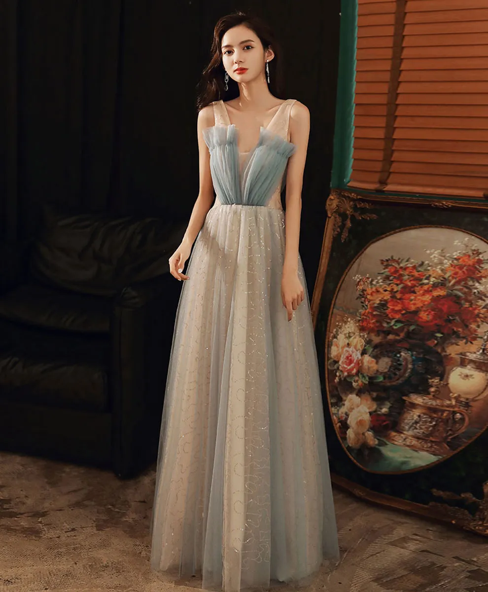 Blue V Neck Tulle Long Prom Dress, Blue Tulle Formal Dress with Sequin