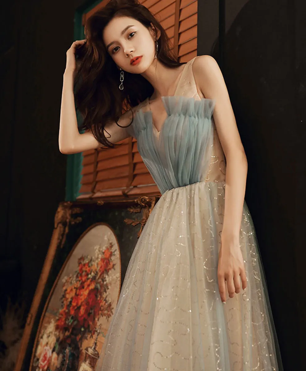 Blue V Neck Tulle Long Prom Dress, Blue Tulle Formal Dress with Sequin