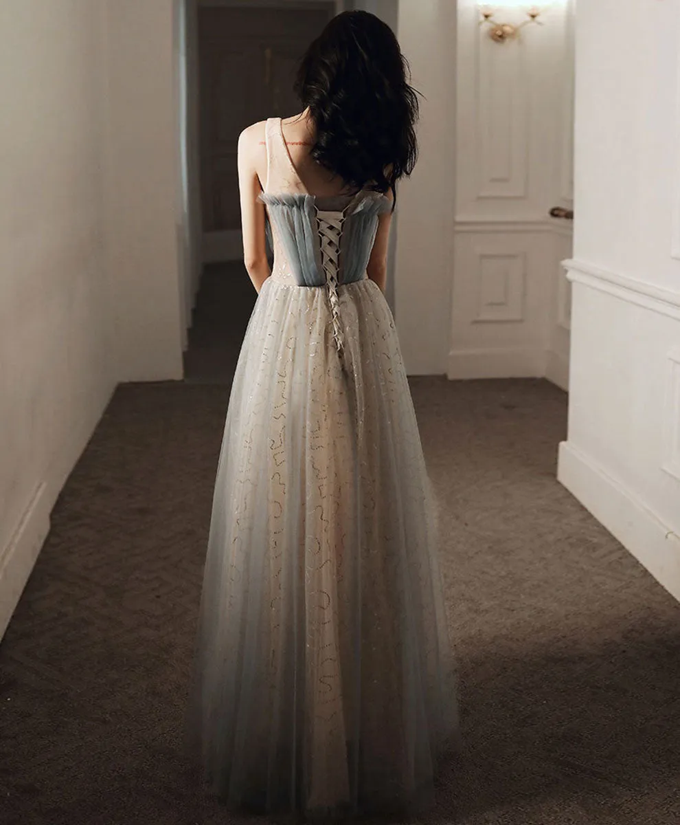 Blue V Neck Tulle Long Prom Dress, Blue Tulle Formal Dress with Sequin