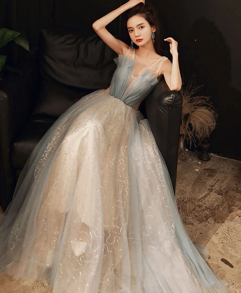 Blue V Neck Tulle Long Prom Dress, Blue Tulle Formal Dress with Sequin