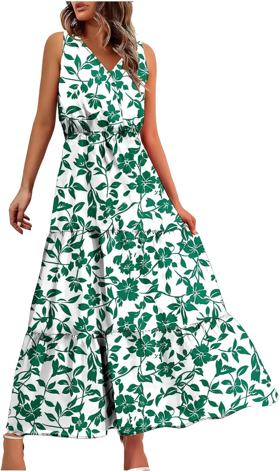Boho Dresses for Women Casual Floral Graphic Print Maxi Dresses Sleeveless Flowy Fashion Vintage Sundress