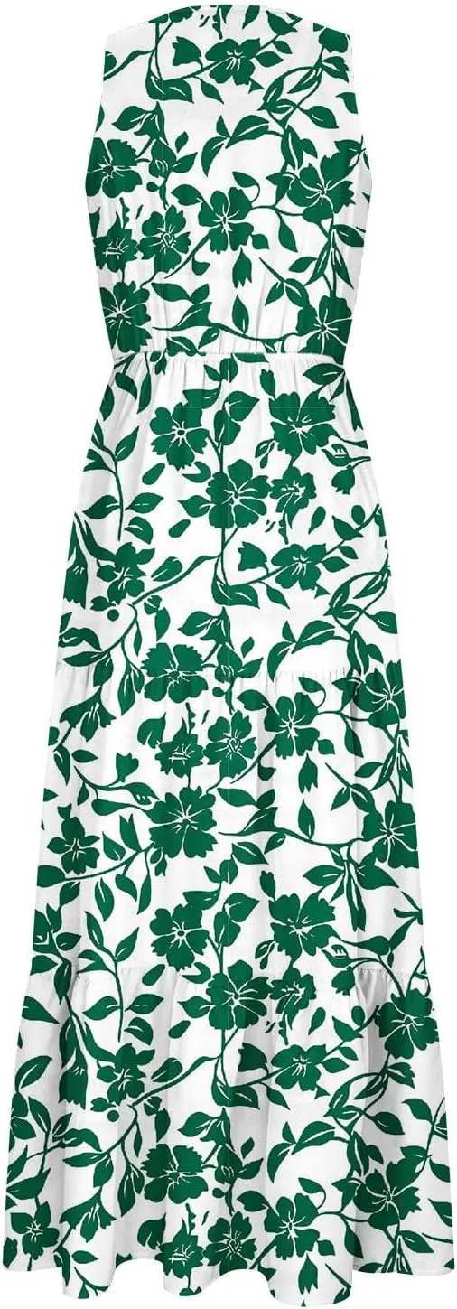 Boho Dresses for Women Casual Floral Graphic Print Maxi Dresses Sleeveless Flowy Fashion Vintage Sundress
