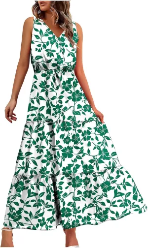 Boho Dresses for Women Casual Floral Graphic Print Maxi Dresses Sleeveless Flowy Fashion Vintage Sundress