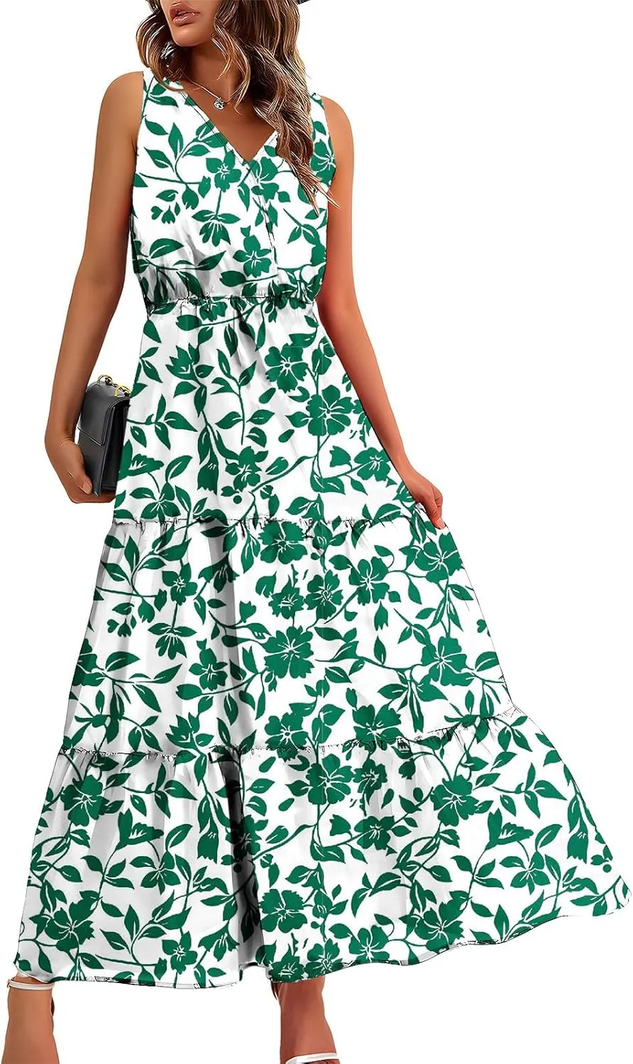 Boho Dresses for Women Casual Floral Graphic Print Maxi Dresses Sleeveless Flowy Fashion Vintage Sundress
