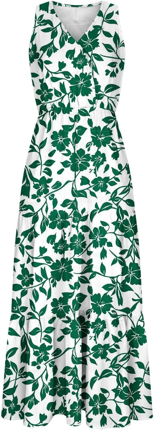 Boho Dresses for Women Casual Floral Graphic Print Maxi Dresses Sleeveless Flowy Fashion Vintage Sundress