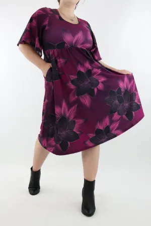 Burgundy Flower - Midi Length Dress - Mid Sleeve - Pockets